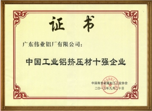 中國工業(yè)鋁擠壓材十強企業(yè)